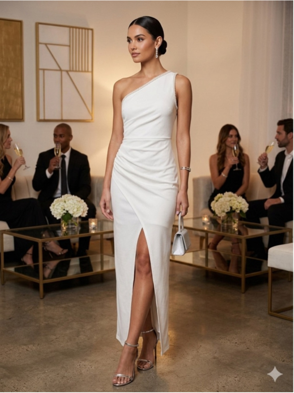 SHEIN Belle White One Shoulder Maxi Dress Ruched Side Slit Minimalist Glam S